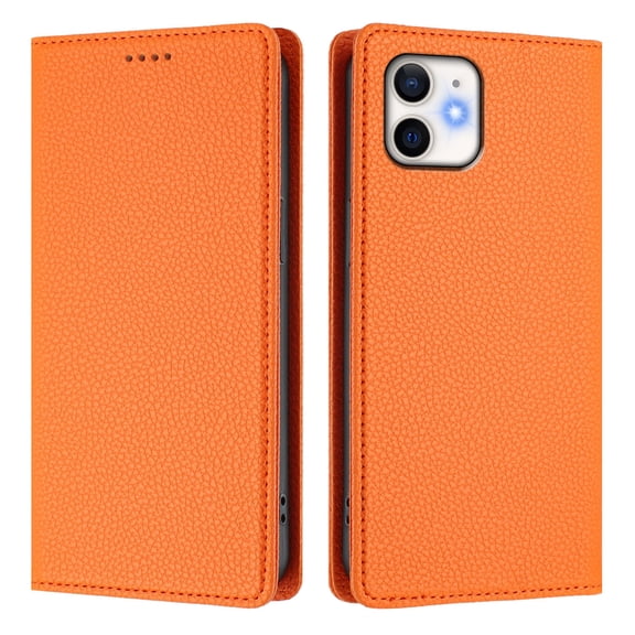 Magnetic Flip Wallet Case for iPhone 12-12 PRO,Compatible Card Holder with RFID Protection Built-in Stand TPU + PU Leather Phone Cover, Orange