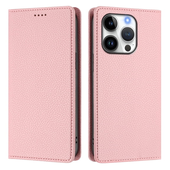 Magnetic Flip Wallet Case for iphone 16 pro,Compatible Card Holder with RFID Protection Built-in Stand TPU + PU Leather Phone Cover, Pink
