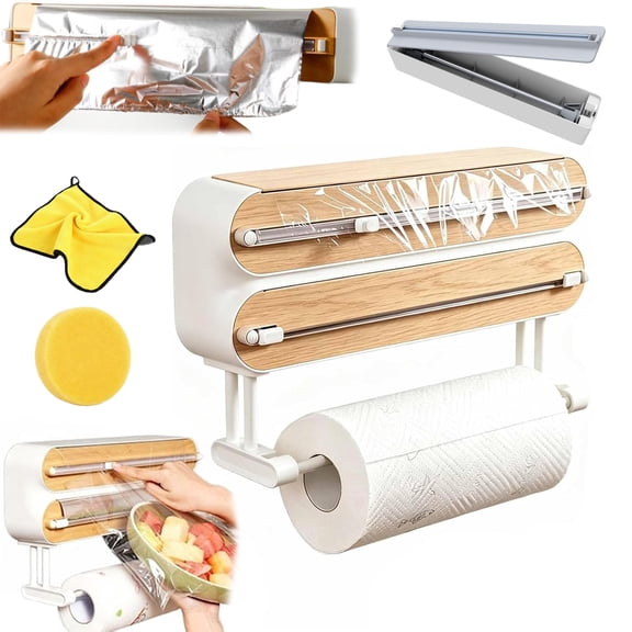 Magnetic Foil and Plastic Wrap Organizer,3-in-1 Magnetic Kitchen Wrap Dispenser with Paper Towel Holder Fridge & Wall Mount,Space-Saving Wrap Storage,for Fridge & Cabinet(Wood Tone)