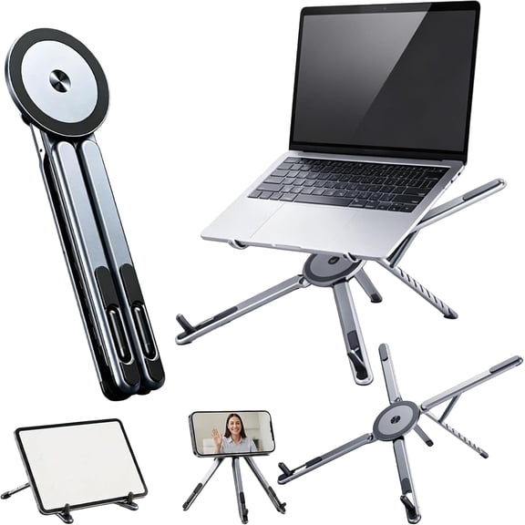 Magnetic Foldable Laptop Stand, 3-in-1 Adjustable Aluminum Riser with Phone & Tablet Holder, 8-Level Portable Stand for Desk Home Office Travel