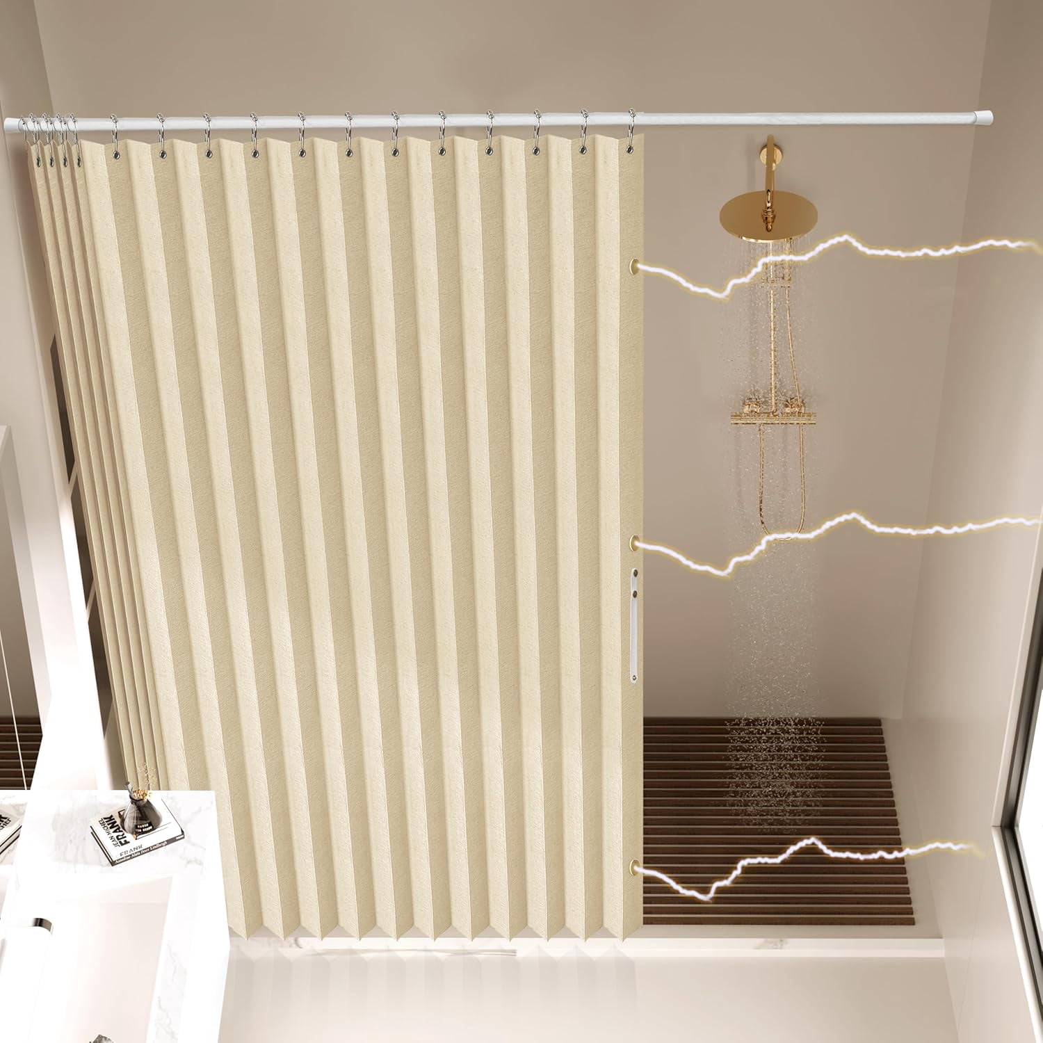 Magnetic Folding Waterproof Polyester Shower Curtain for Bathroom, Family, Hotel, Homestay Use, Beige, 77" W x 72" L, 1 Panel