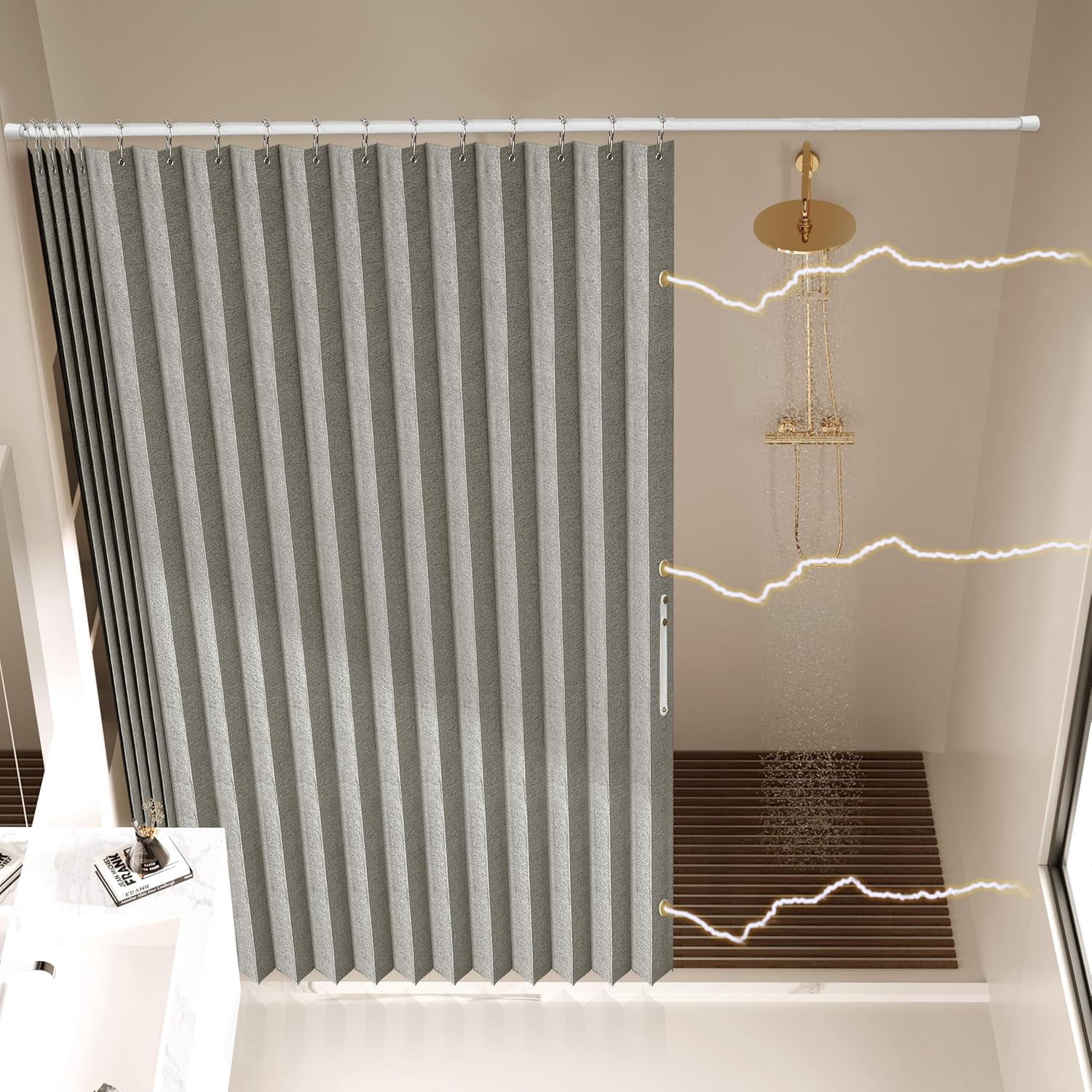 Magnetic Folding Shower Curtains Acordion Shower Curtain Fabric Polyester Waterproof Shower Curtains Suitable for Family Hotel Homestay Bathroom (Grey,77" W x 72" L) 1 Panel