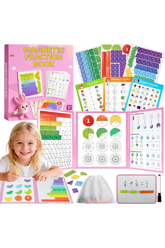 Magnetic Fraction Playbook for Kids – Visual Fraction Tiles & Circles Puzzles with Dry-Erase Board, Activity Cards & Storage Bag, Math Manipulatives for Homeschool & Elementary Grades K-3