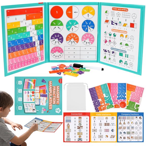 Magnetic Fraction Manipulatives Book Visual Math Learning Set with Color Coded Magnet Dry Erase Card and Pen for Elementary School, Maths Learning Toys