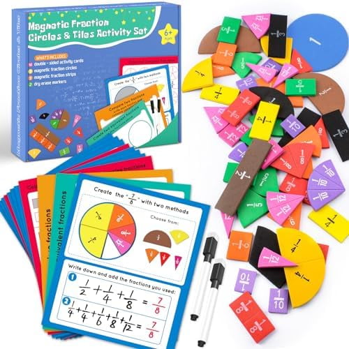 Magnetic Fraction Tiles & Circles Activity Set, Math Manipulatives 4th Grade 1-6, Fraction Manipulatives Elementary Classroom, Fractions Strips Math Games for Kids 6-12, Teaching Homeschool Supplies