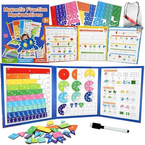 Magnetic Fraction Tiles & Circles Set with Dry Erase Board - Montessori Math Manipulatives Kit for Grade 1-5, Homeschool Classroom Fraction Puzzles and Games$$Office
