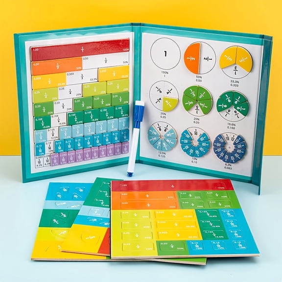 Magnetic Fraction Tiles Set with Foldable Dry Erase Board and Disc Set, Multicolor, for Classroom and Homeschool, Hobby Toy