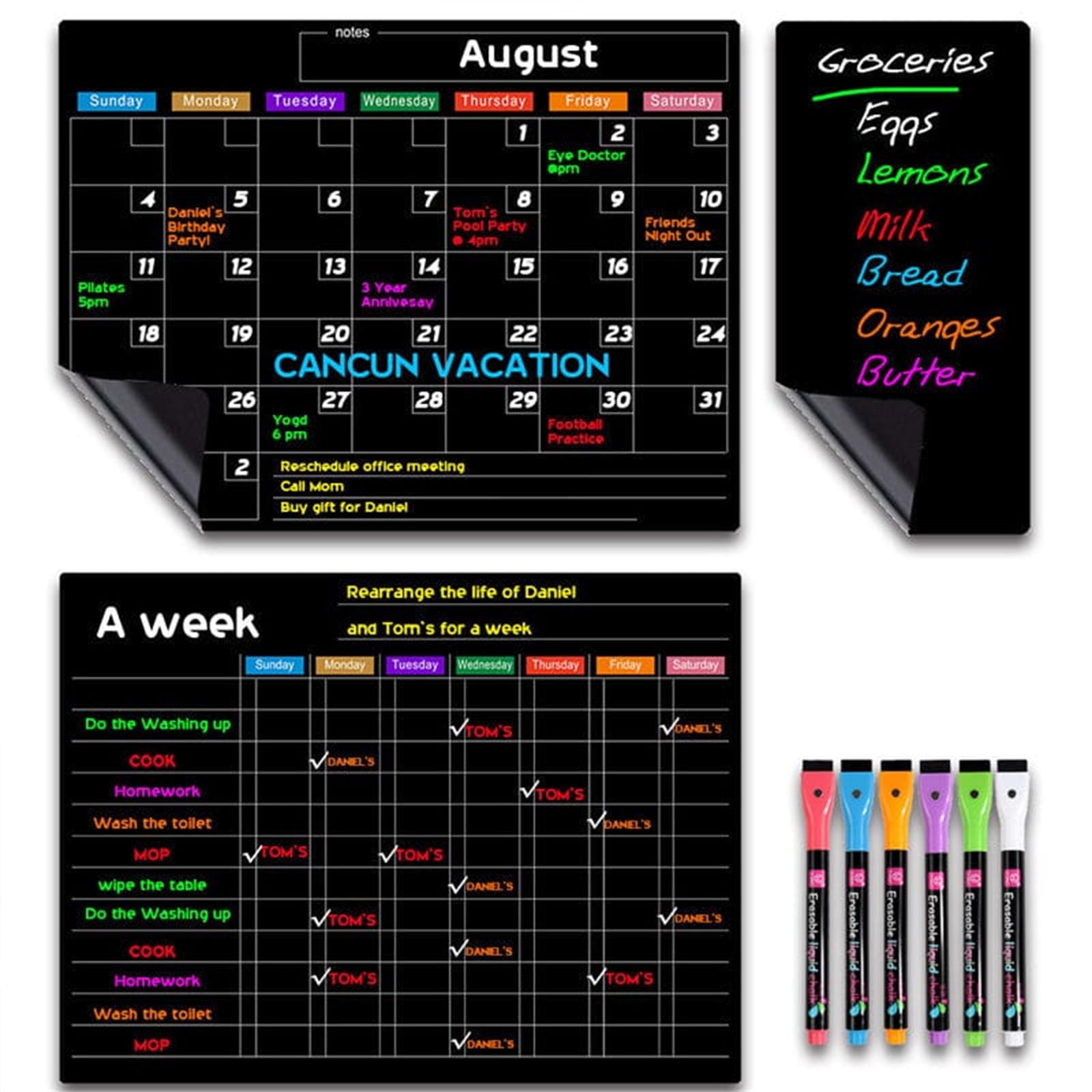Magnetic Fridge Calendar Set,3 Pack Magnetic Whiteboard Stickers for Fridge, Study Planner Message Boards, Easy-Erase Markers Included, Perfect for Family Organization, Kids Teachers White