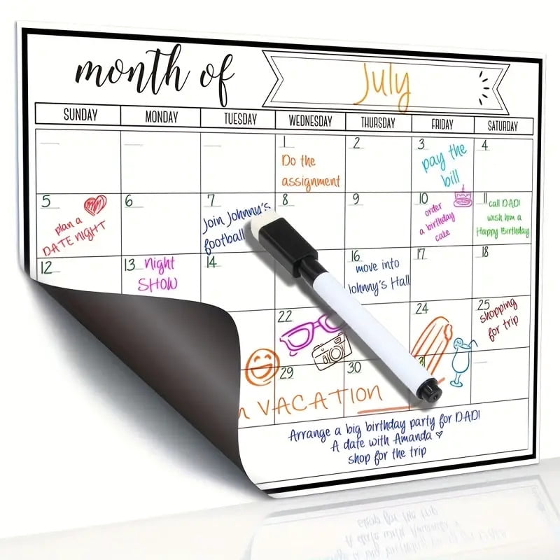 Magnetic Fridge Calendar & Whiteboard Combo - Undated Weekly/Monthly Planner with Markers & Holder for Refrigerator Organization