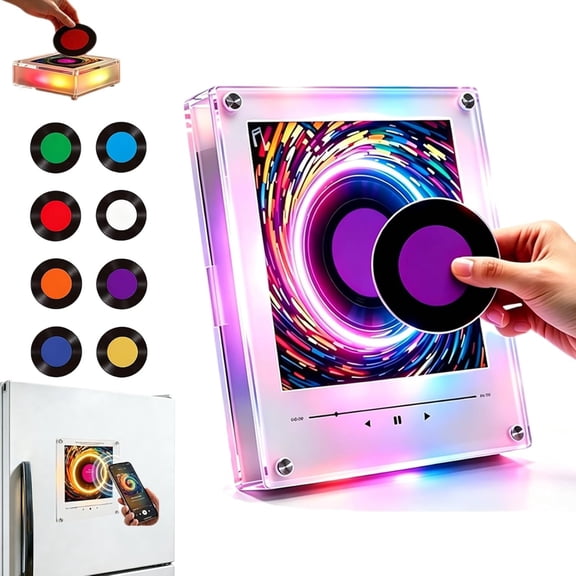Magnetic Fridge Music Player, 128MB Mini Vinyl Record Player Magnet with LED Light, Music Fridge Magnet for Home Office(Rotatable)