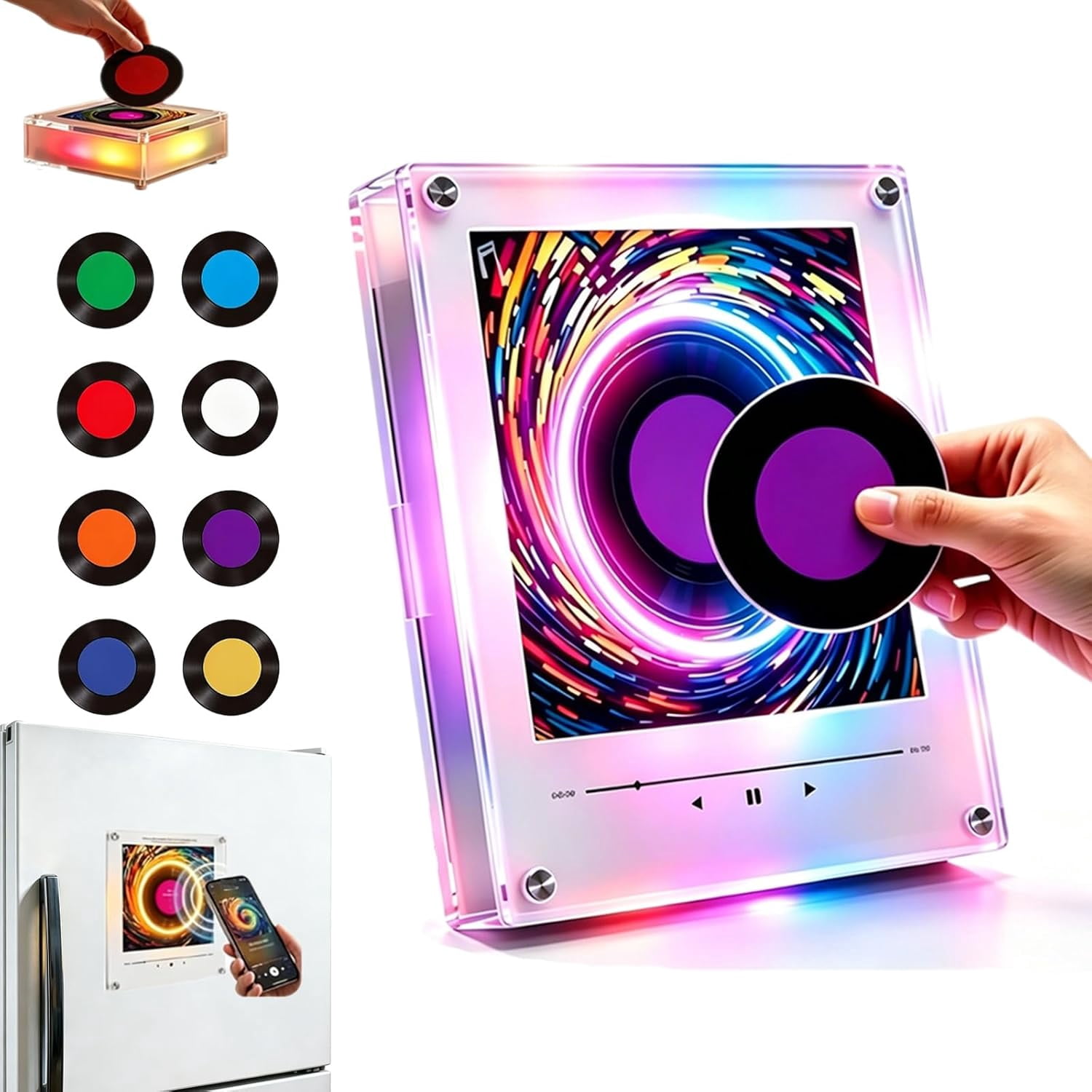 Magnetic Fridge Music Player and Mini Vinyl Record Player Magnet, with LED Light, 128MB, Home Office Decor, Customizable Image Support  (Rotatable)