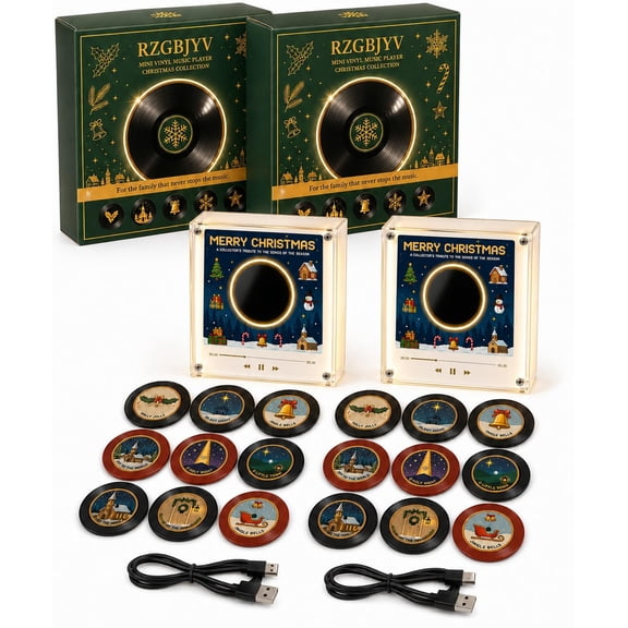 Magnetic Fridge Record Player, Mini NFC Music Box with 9 Programmable Vinyl Discs, 128MB Storage, LED Light