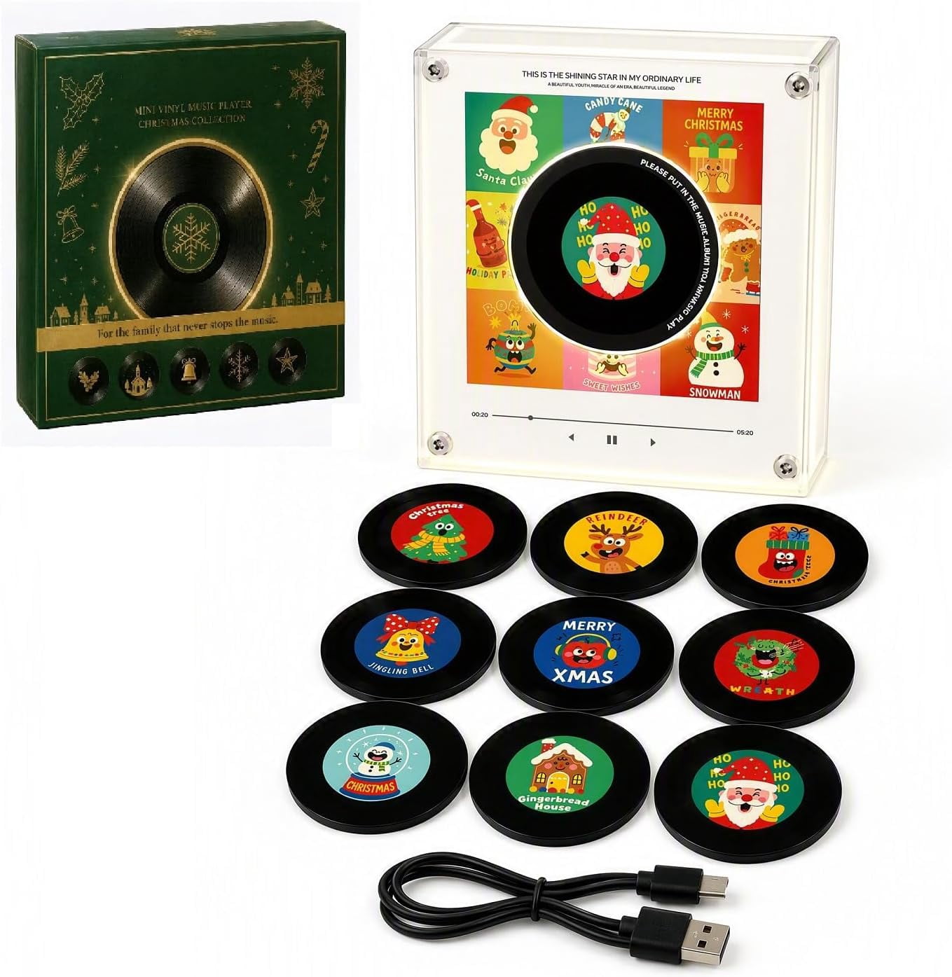 Magnetic Fridge Vinyl Music Box Christmas, 9 Mini Vinyl Discs, Novelty Playable Magnet Gift Set for Christmas Season Home Decor