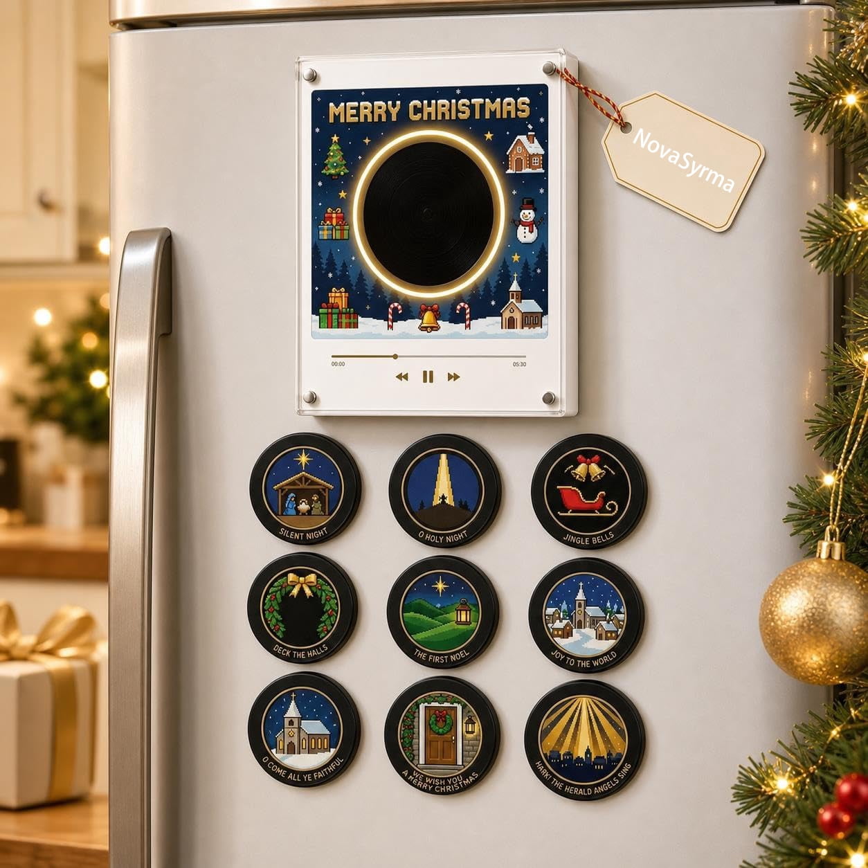Magnetic Fridge Vinyl Music Box Christmas - Magnetic Fridge Music Player with 9 Vinyl Style Discs, Mini Christmas Vinyl Record Player for Christmas Decor and Gifting