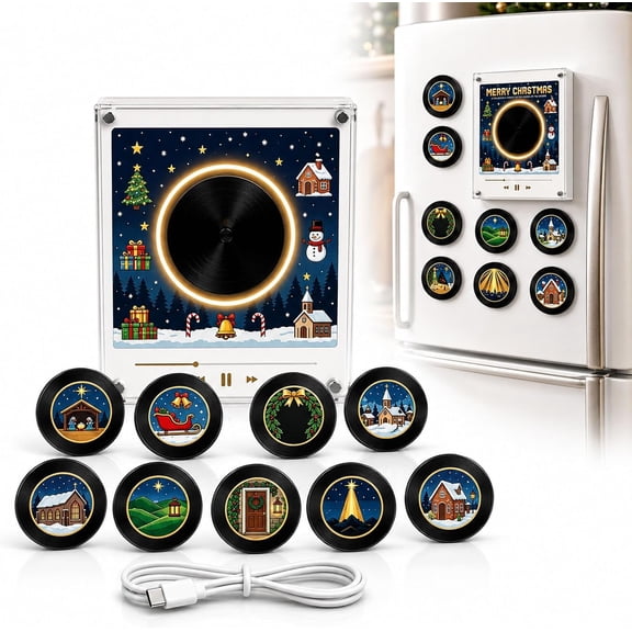 Magnetic Fridge Vinyl Music Box Christmas, Magnetic Fridge Record Player, Personalized Retro, with 9 NFC Discs and Phone-Free Playback