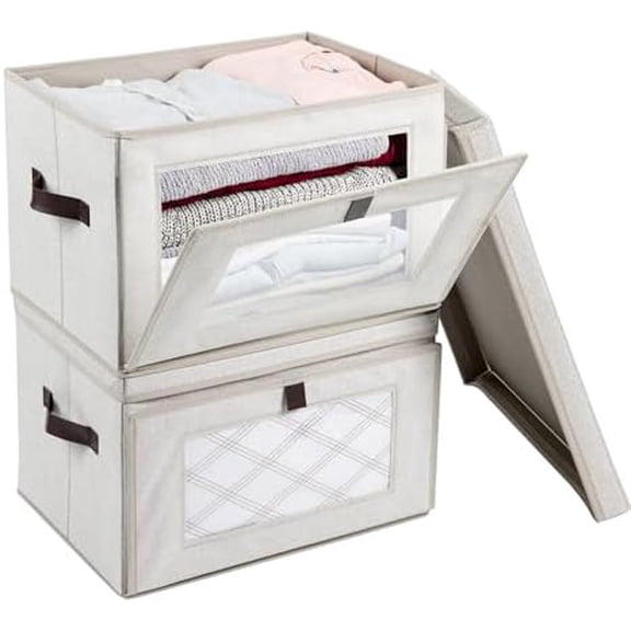 Magnetic Front Opening Fabric Storage Bins with Lids, 35L 2-Pack Beige Storage Box with Window for Closet, Shelf, Nursery, Living Room, 16.9x12.2x11.4in$$Home Decor, Kitchen, & Other