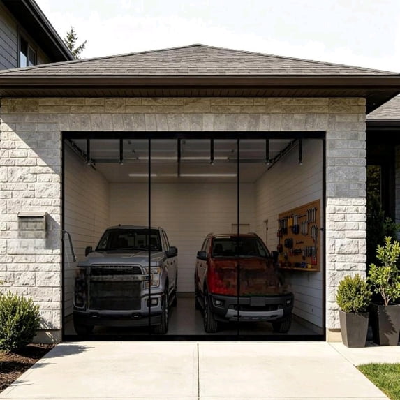 Magnetic Garage Door Screen 17x8ft for 2 3 Car Doors Durable Fiberglass Heavy Duty Mesh Magnetic Garage Net, Pets Friendly Retractable Carport Garage Patio Porch RV Curtain (Black, for 17x8ft)