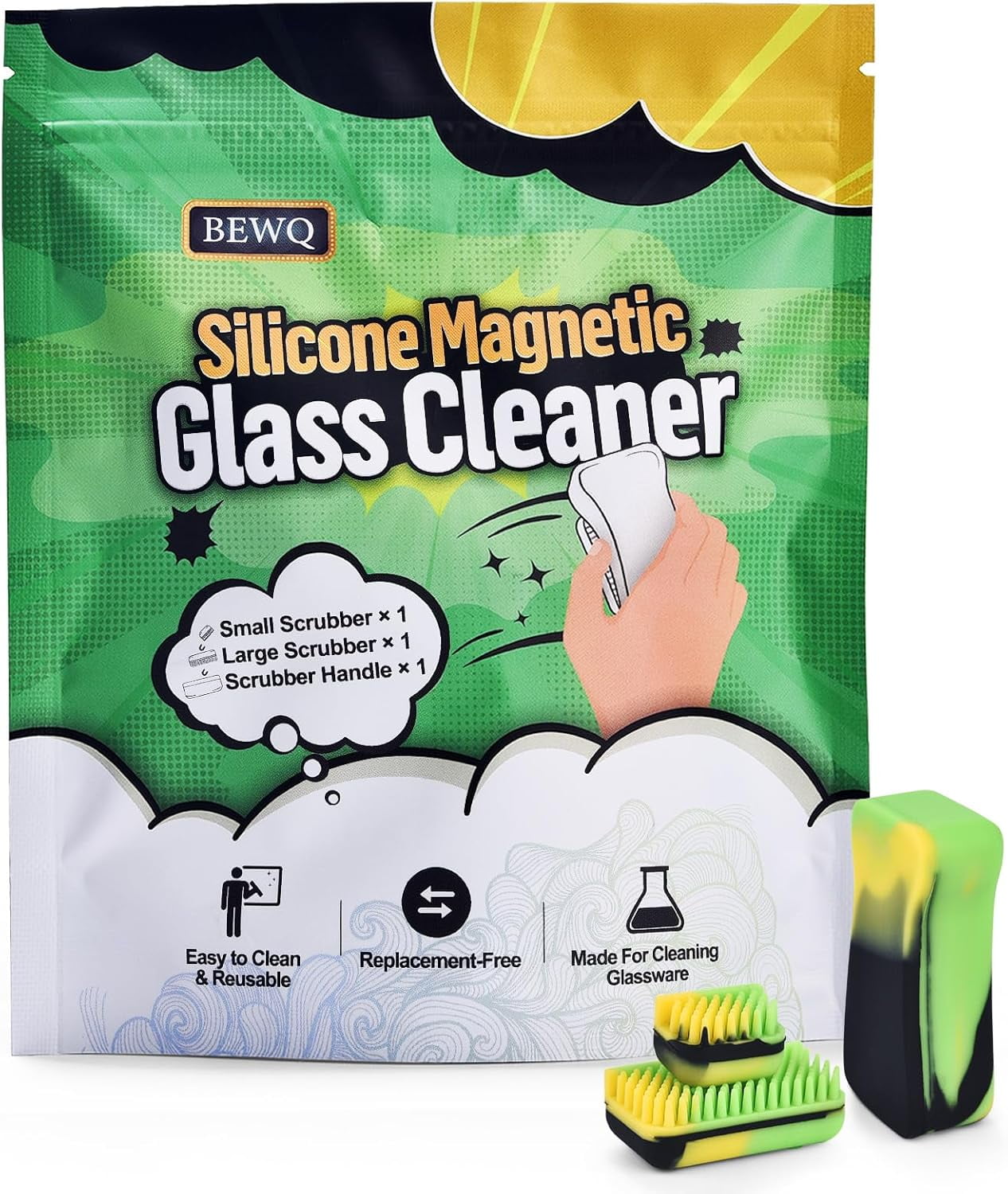 Magnetic Glass Cleaner Kit - Deep Cleans Hard-to-Reach Glassware & Narrow Pipes Two Reusable Silicone Scrubbers with Handle Perfect for Intricate Shapes, Black