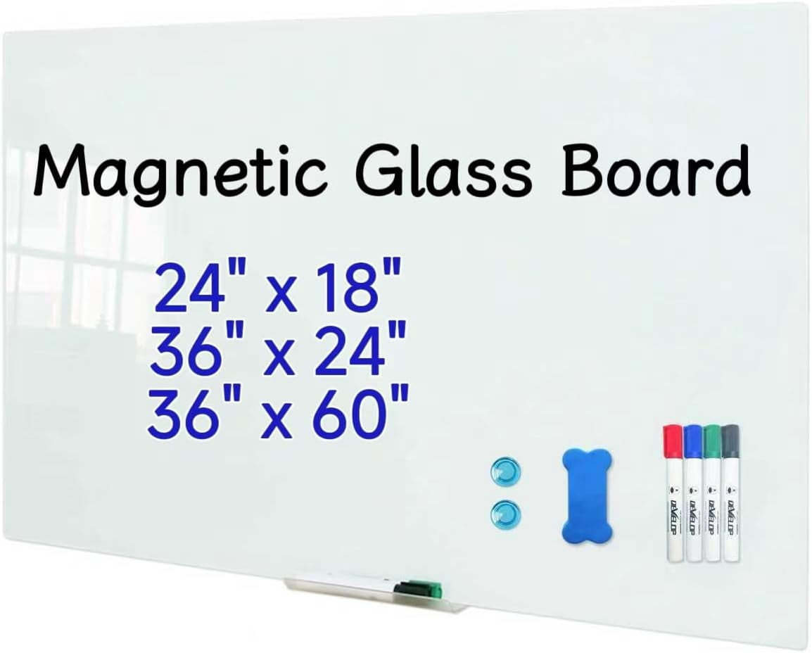 Magnetic Glass Whiteboard, 24 x 18 Inches (60 x 45 cm), Small Tempered Glass Dry Erase Board for Wall, Frameless Whiteboards with Marker Tray, 4 Markers, 2 Magnets, 1 Eraser