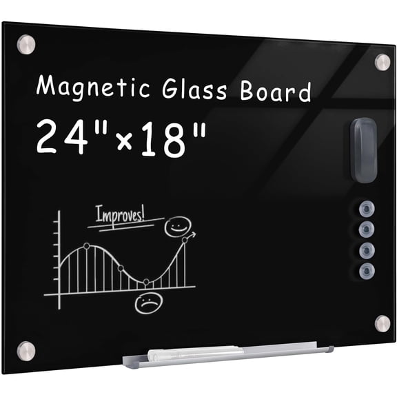 Magnetic Glass Whiteboard，24"x18" Wall Mounted Frameless Dry Erase Board for Office, Home & School Black