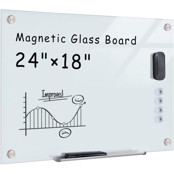 Magnetic Glass Whiteboard,24"x18" Wall Mounted Frameless Dry Erase Board for Office, Home & School White