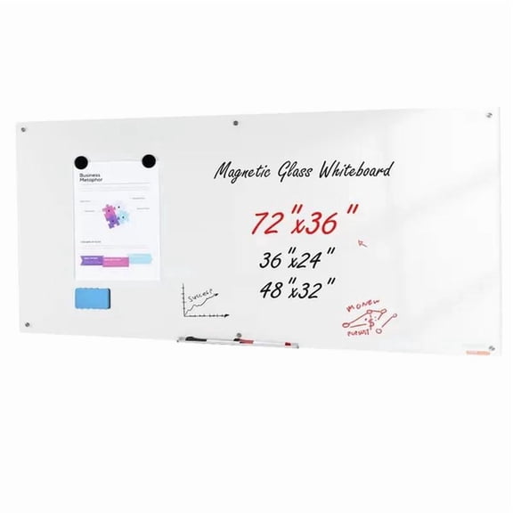 Magnetic Glass Whiteboard, Dry Erase Board, Wall-Mounted Large White Glassboard Frameless, with Marker Tray, an Eraser and 2 Markers, White
