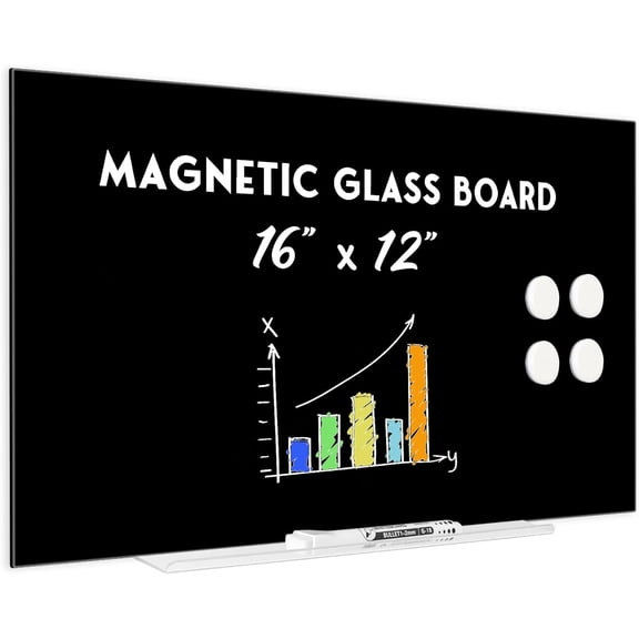 Magnetic Glass Whiteboard for Wall, 16" x 12" Glass Dry Erase Board, Frameless White Board for Home and Office - Black