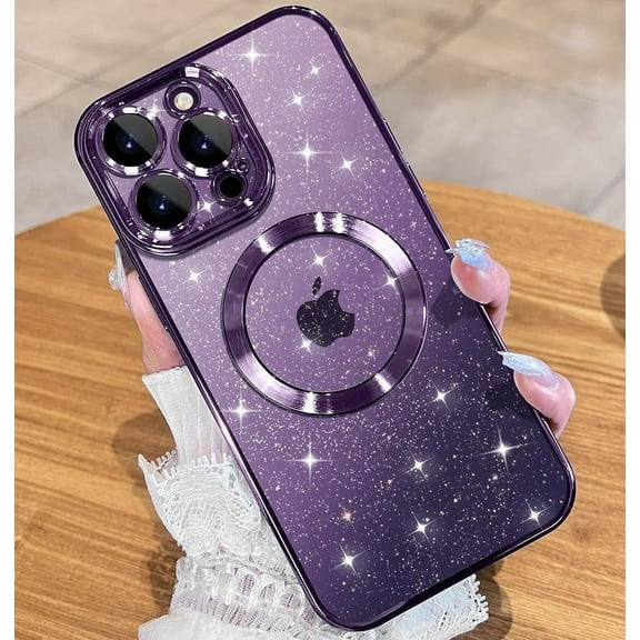 Magnetic Glitter Case Designed for iPhone 14 Pro Max Case with Full Camera Protection and Strongest Magnetism, Soft TPU Plating Luxury Sparkly Shockproof Slim Case for Women Girls - Purple