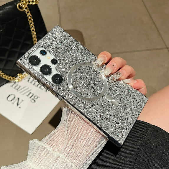 Magnetic Glitter Case for Samsung Galaxy S24 Ultra, Luxury Shining Bling Phone Case Compatible with MagSafe for Women Girls, Wireless Charging Support Shockproof Cover for Galaxy S24 Ultra, Silver
