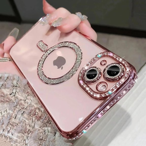 Magnetic Glitter Case for iPhone 13 [Compatible with MagSafe] Military-Grade Protection, Cute Glitter Phone Case with Sparkle Diamond Camera Protection Cover for Women Girls - Pink