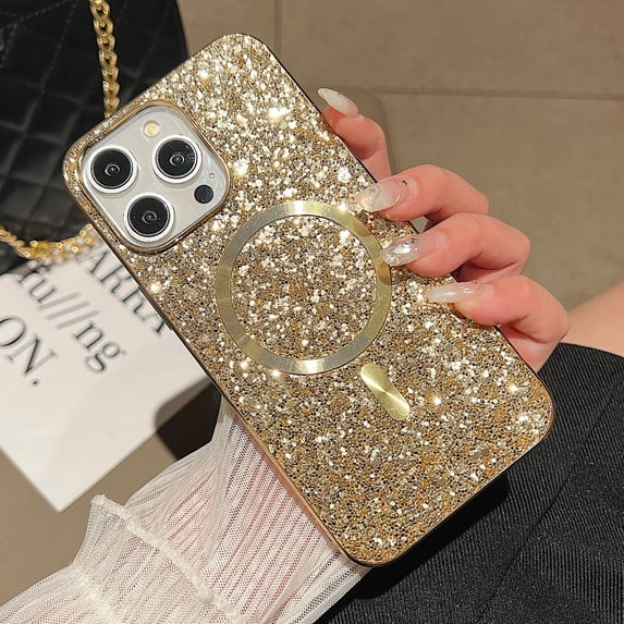 Magnetic Glitter Case for iPhone 13 Pro, Luxury Shining Bling Phone Case Compatible with MagSafe for Women Girls, Wireless Charging Support Shockproof Cover for iPhone 13 Pro, Gold
