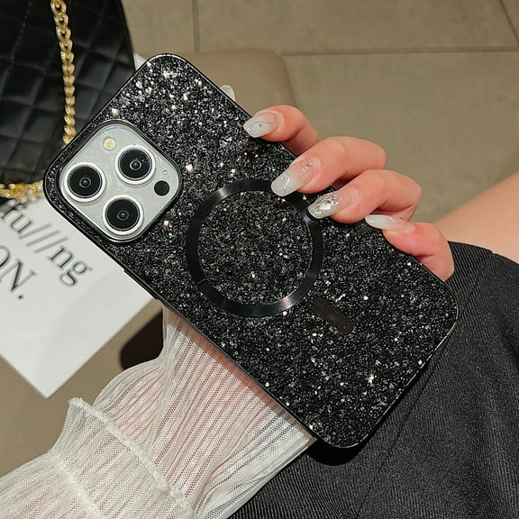 Magnetic Glitter Case for iPhone 13 Pro Max, Luxury Shining Bling Phone Case Compatible with MagSafe for Women Girls, Wireless Charging Support Shockproof Cover for iPhone 13 Pro Max, Black