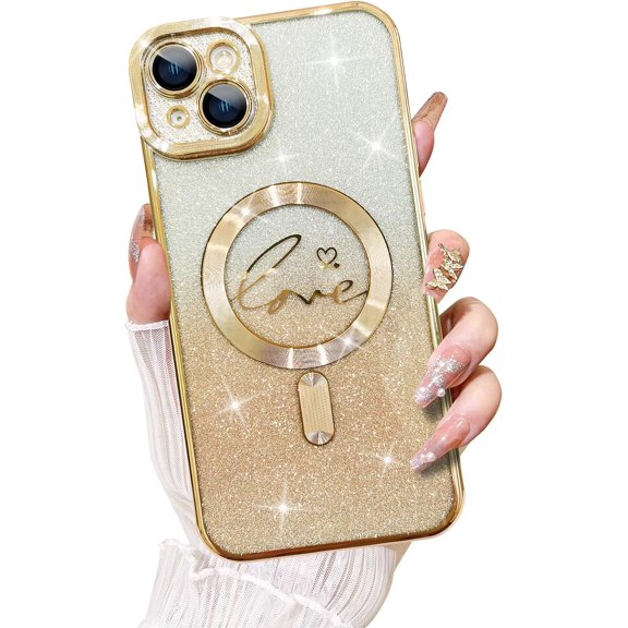 Magnetic Glitter Case for iPhone 14 Plus Case 6.7 Inch, Clear Plating Love Heart Pattern Design [Compatible with Magsafe Charging] Camera Protection Soft Cover for Women Girls (Gold)