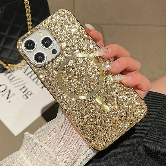 Magnetic Glitter Case for iPhone 15 Plus, Luxury Shining Bling Phone Case Compatible with MagSafe for Women Girls, Wireless Charging Support Shockproof Cover for iPhone 15 Plus, Gold