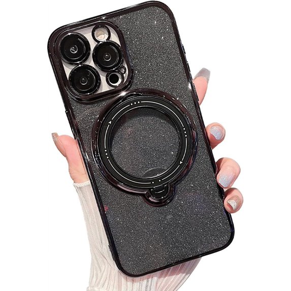 Magnetic Glitter Case for iPhone 15 Pro Max Compatible with Magsafe,360 Rotating Ring Magnetic Hidden Stand Case,Luxury Bling Full Camera Protector Shockproof Cover for Women Girls-Black