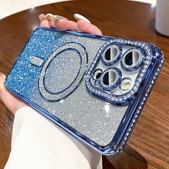 Magnetic Glitter Case for iPhone 16 Pro 6.3" [Compatible with MagSafe] Military-Grade Protection, Clear Cute Glitter Bling Cover Sparkle Diamond Camera Protector Cover for Women Girls, Blue