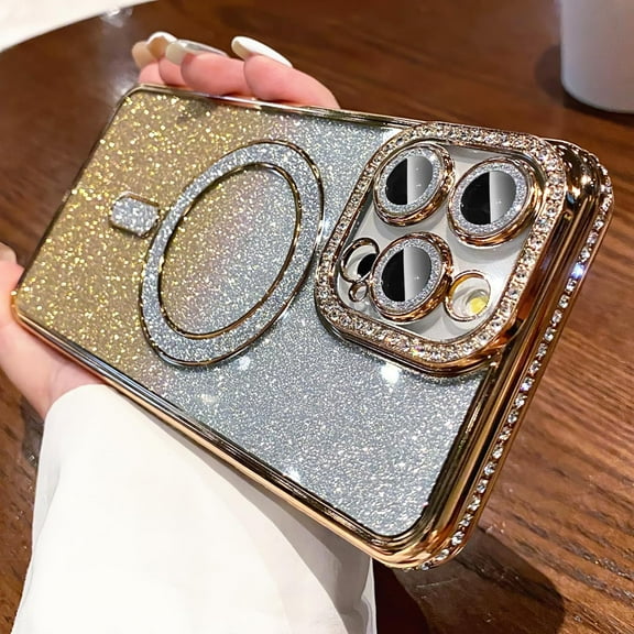 Magnetic Glitter Case for iPhone 16 Pro 6.3" [Compatible with MagSafe] Military-Grade Protection, Clear Glitter Cover Camera Lens Screen Protector Cover for Women Girls, Gold