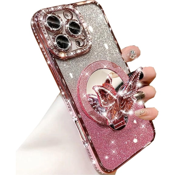 Magnetic Glitter Case for iPhone 16 Pro Max,[Compatible with MagSafe] Bling Sparkly Diamond with Camera Protector&Butterfly Kickstand&Makeup Mirror Women Girls Case for iPhone 16 Pro Max,Pink