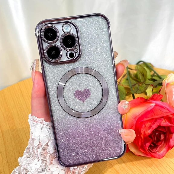 Magnetic Glitter for iPhone 15 Pro Max [ Compatible with MagSafe ], Luxury Love Heart Pattern Plating Bling Clear Case,Camera Protection Sparkly Slim Soft Back Cover for Women Girls,Purple