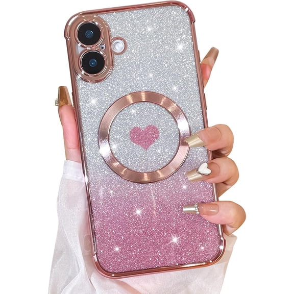 Magnetic Glitter for iPhone 16 Plus [ Compatible with MagSafe ], Luxury Love Heart Pattern Plating Bling Clear Case,Camera Protection Sparkly Slim Soft Back Cover for Women Girls,Pink