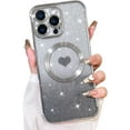thumbnail image 1 of Magnetic Glitter for iPhone 16 Pro Max [ Compatible with MagSafe ], Luxury Love Heart Pattern Plating Bling Clear Case,Camera Protection Sparkly Slim Soft Back Cover for Women Girls,Silver, 1 of 12