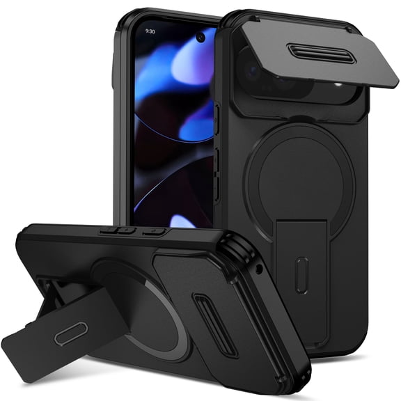 Magnetic For Google Pixel 10 /10 Pro Phone Case,With Contractile Kickstand,Camera Cover,Compatible with Mag-Safe,Heavy Duty Shockproof Protection Anti-fall Anti-Scratch Rugged Phone Case,Black