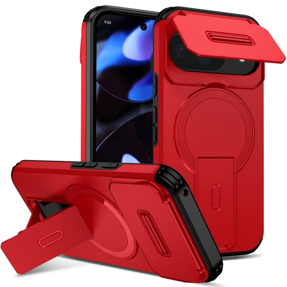 Magnetic For Google Pixel 10 /10 Pro Phone Case,With Contractile Kickstand,Camera Cover,Compatible with Mag-Safe,Heavy Duty Shockproof Protection Anti-fall Anti-Scratch Rugged Phone Case,Red