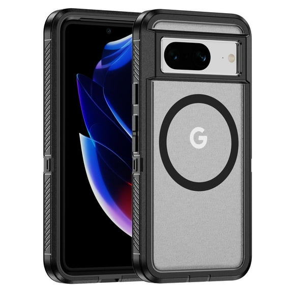 Magnetic for Google Pixel 8 Case,Compatible with MagSafe,Military Grade Dropproof Translucent Matte Hard Back Soft Edge Anti-Fingerprint Protective Case for Google Pixel 8,Black+Clear