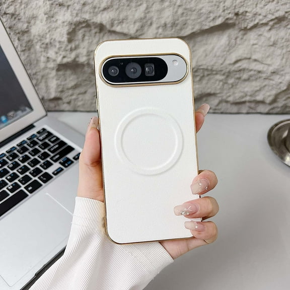 Magnetic For Google Pixel 8 Phone Case,Compatible with Mag-safe,Luxury Golden Electroplated Bumper Design,PU Leather Back Shcokproof Anti-fall Ultra Slim Rugged Phone Case,White