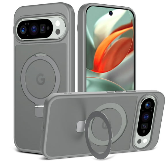 Magnetic for Google Pixel 9 / 9 Pro Case, Shock-Absorbent Anti-Fingerprint Matte Protective Back Cover with Ring Kickstand, Anti-Scratch PC+TPU Non-Slip Slim Wireless Charging Phone Case, Gray