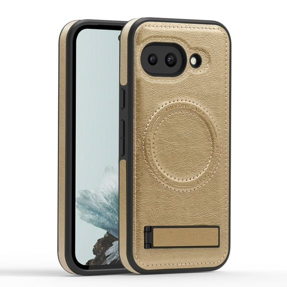 Magnetic for Google Pixel 9a PU Leather Case, Compatible with Magsafe, Built-in Invisible Stand, Premium Ultra Slim Adjustable Kickstand Protective Case for Google Pixel 9a, Desertgold