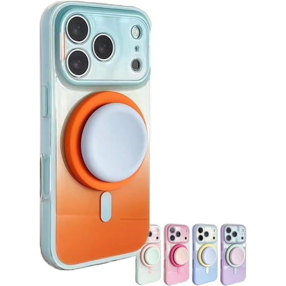 Magnetic Gradient Double Layer Phone Case with Adjustable Kickstand, 2 in 1 Full Coverage Protective Magnetic Cell Phone Cover (Orange-Blue,15)