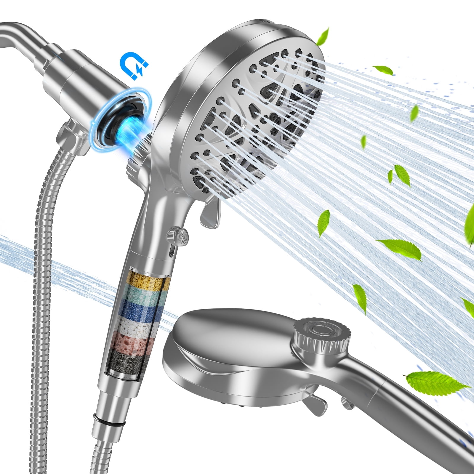 Cshidworld New Magnetic Guidance Docking System Filtered Shower Head with Handheld, High Pressure 10 Spray Mode Showerhead, Built-in 2 Power Wash to Clean Tub Tile & Pets, Chrome