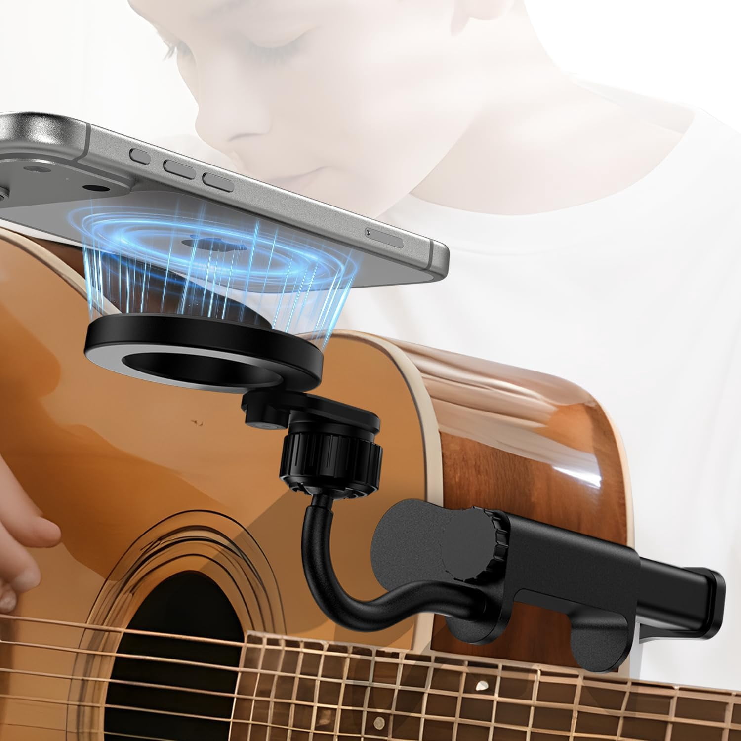 Magnetic Guitar Phone Holder [N54 Stronger Magnets] Universal Smartphone Mount for Guitar, Bass, Ukulele, 360° Adjustment Ideal for Video Recording/Live Streaming/Online Teaching,Hollow Model